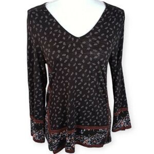 LUCKY BRAND BLACK, BURGUNDY, & WHITE FLORAL BOHO-INSPIRED TUNIC TOP SZ.S EUC.